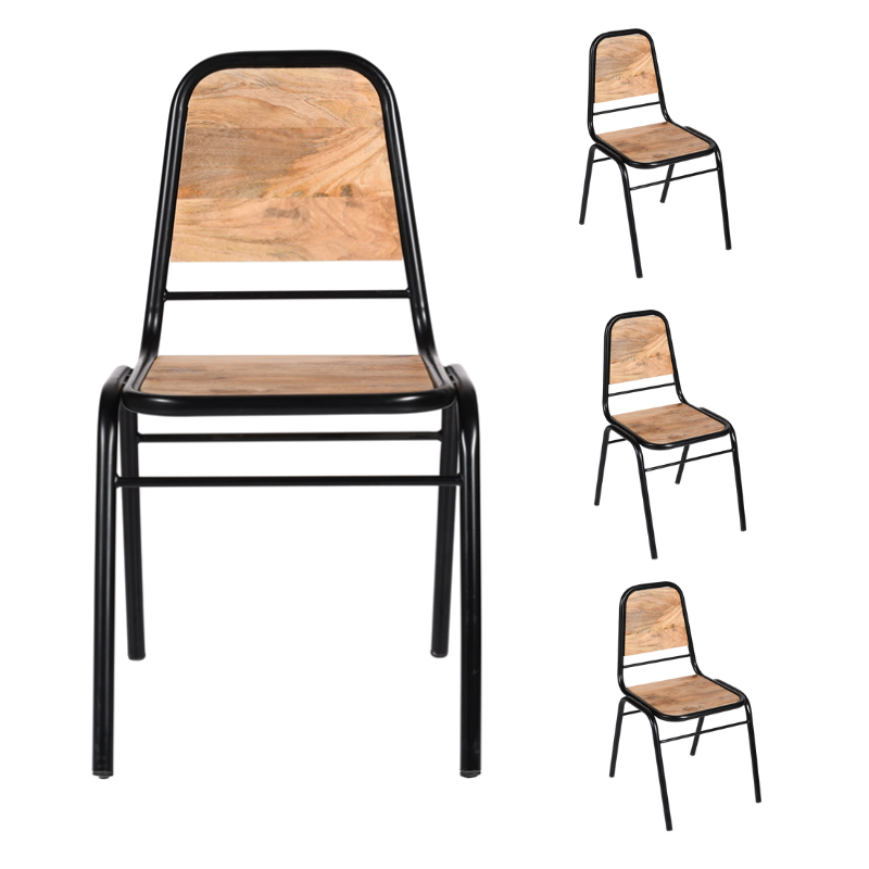 Set van 4 Louri industriële houten eetkamerstoelen