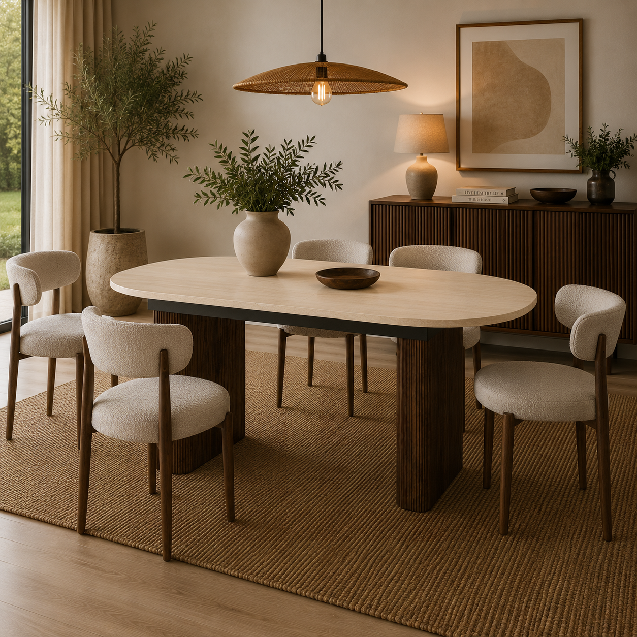 Mesa de comedor extensible ovalada Travertino-nogal 180-230 cms