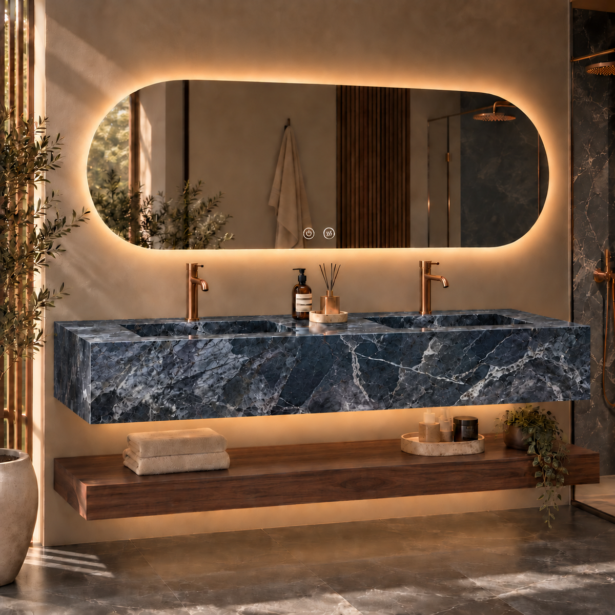 Lavabo suspendido doble Altessa 140 cm Piedra Sinterizada y Nogal