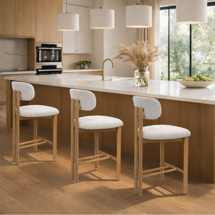 Banqueta de cozinha estofada em aço nogueira Bouclé H65 Liberty rosewood