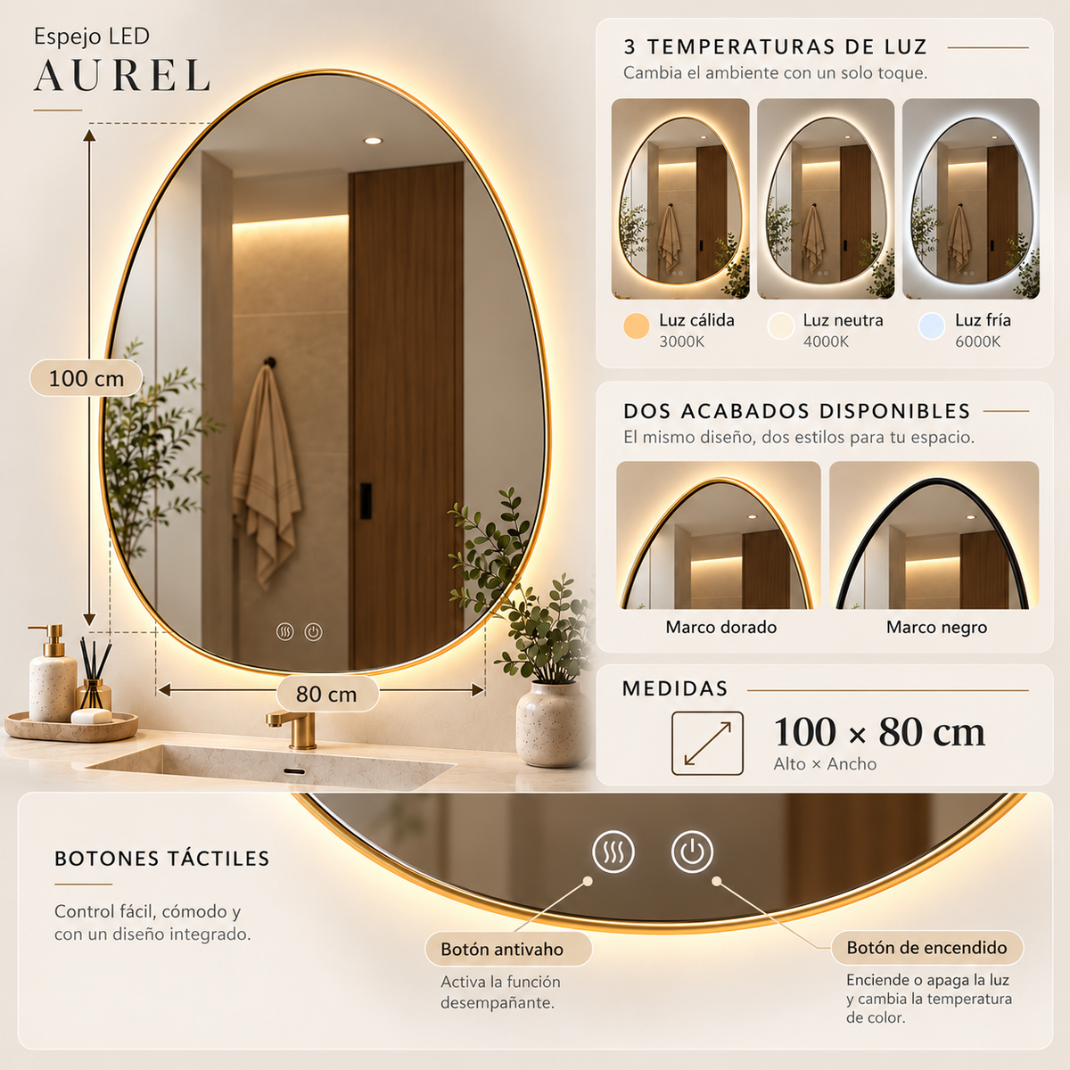 Espejo de baño Led Aurel orgánico Irregular 100 × 80 cm con antivaho