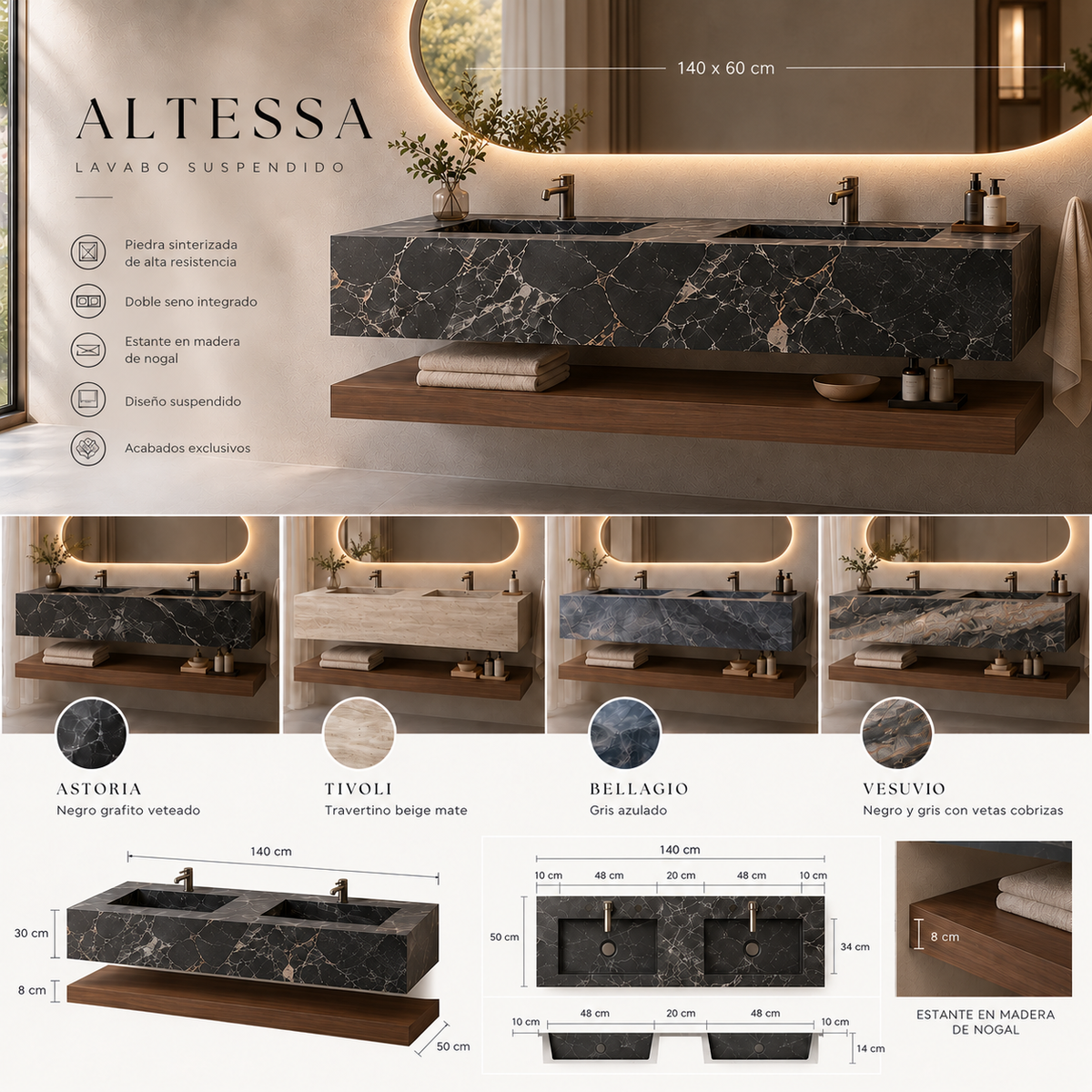 Lavabo suspendido doble Altessa 140 cm Piedra Sinterizada y Nogal