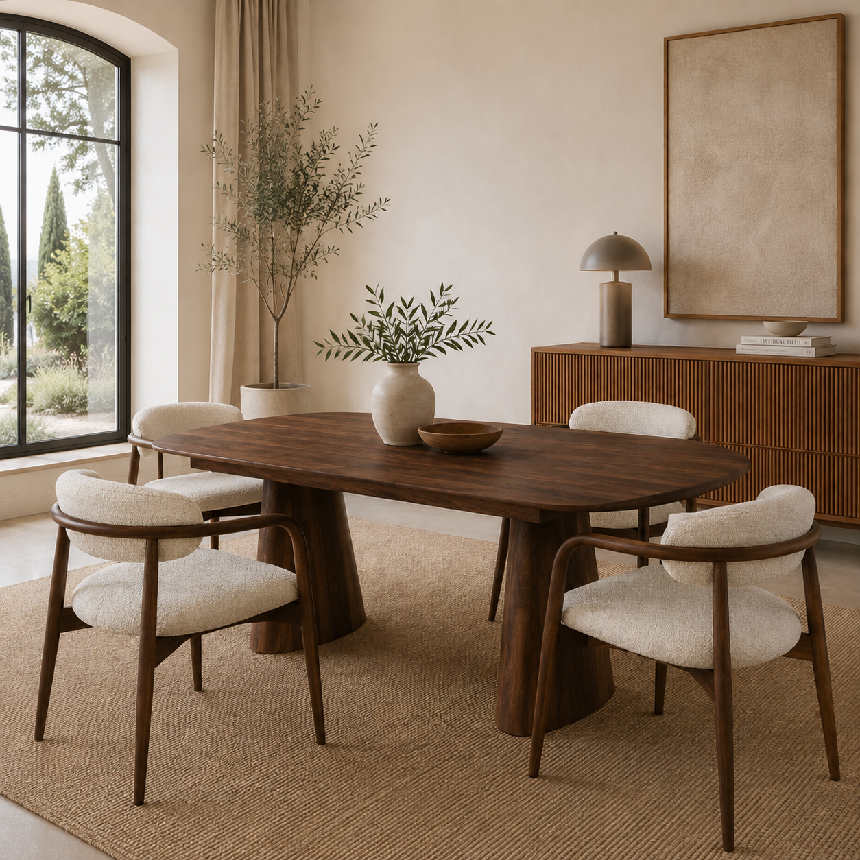 Comedor moderno con mesa oval extensible acabado nogal y sillones Olimpo tapizados en tejido color crema en ambiente de estilo nórdico.
