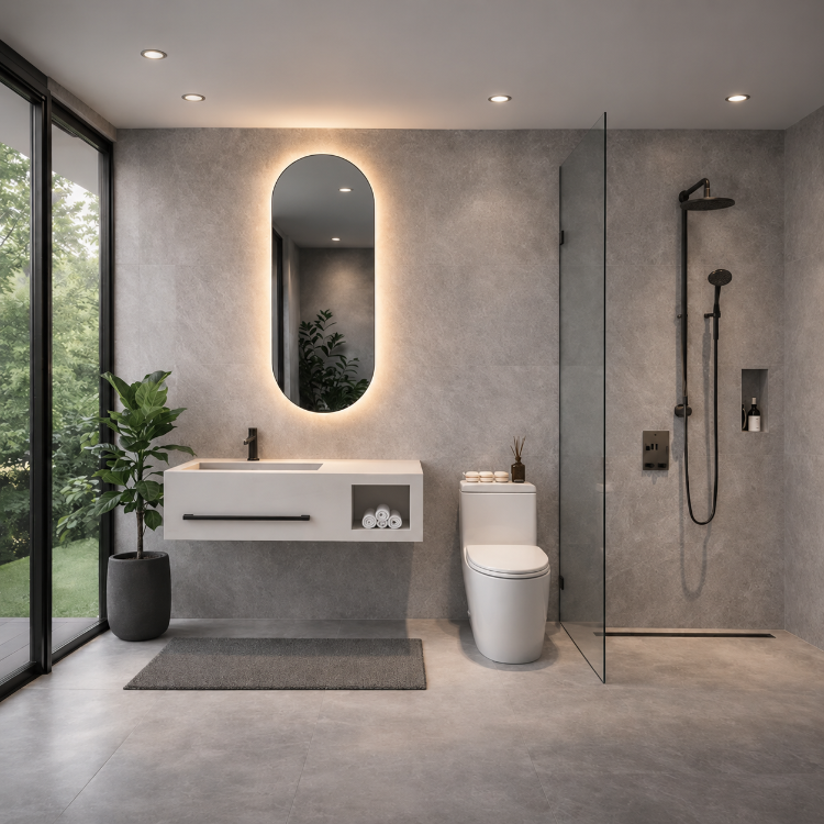 Lavabo AURA de piedra sinterizada con espejo LED · Conjunto suspendido de baño - Vintahome