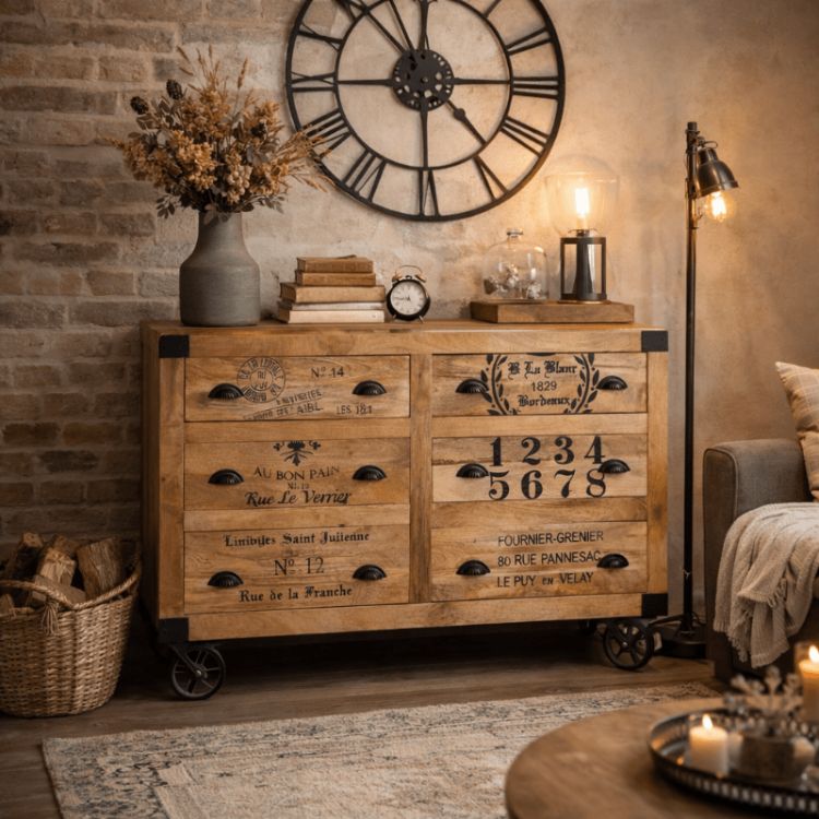 Aparador ruedas móvil 6 cajones Aparador Caroline en ambiente de salón estilo industrial cálido