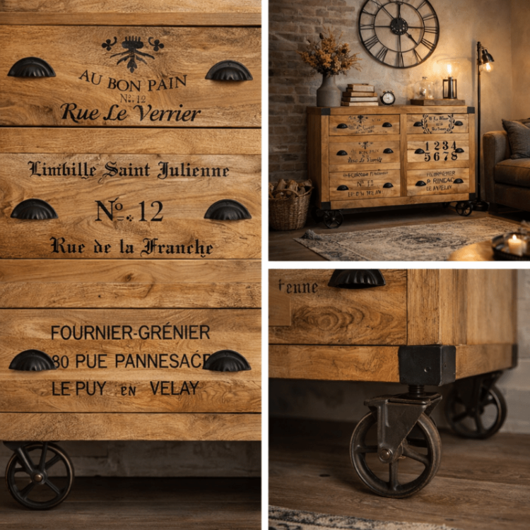 Aparador de madeira de mangueira Caroline com gavetas serigrafadas e rodas de metal estilo industrial com detalhes de tipografia vintage