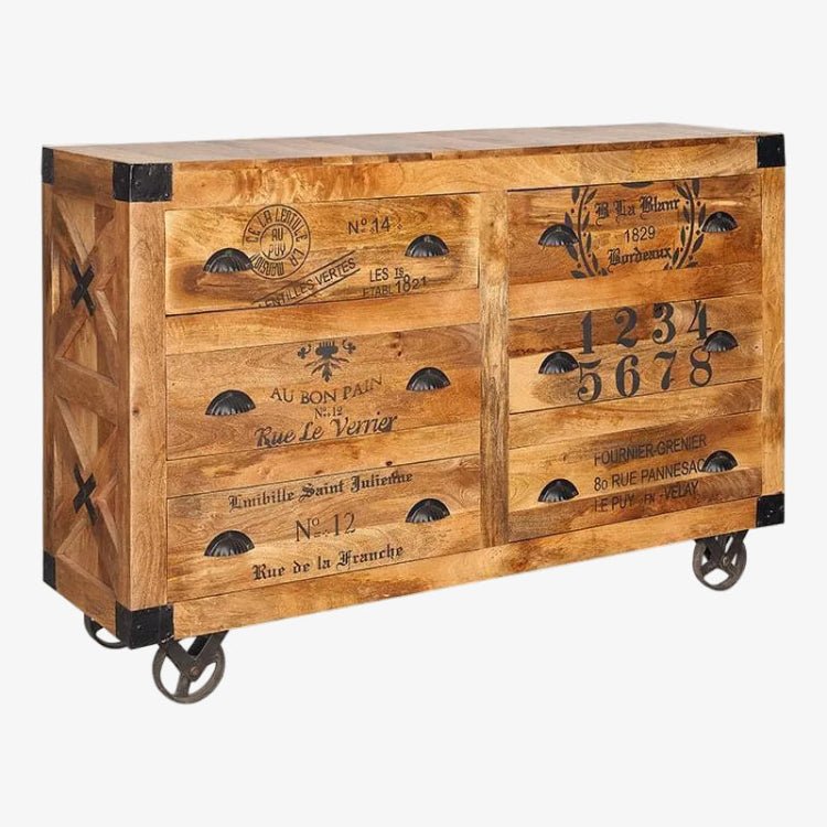 Aparador Móvel Caroline Mango Wood 6 Gavetas com Rodas - Vintahome