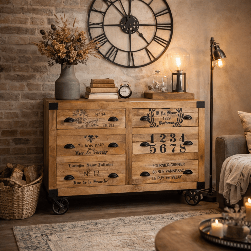 Aparador ruedas móvil 6 cajones madera mango Caroline - Vintahome