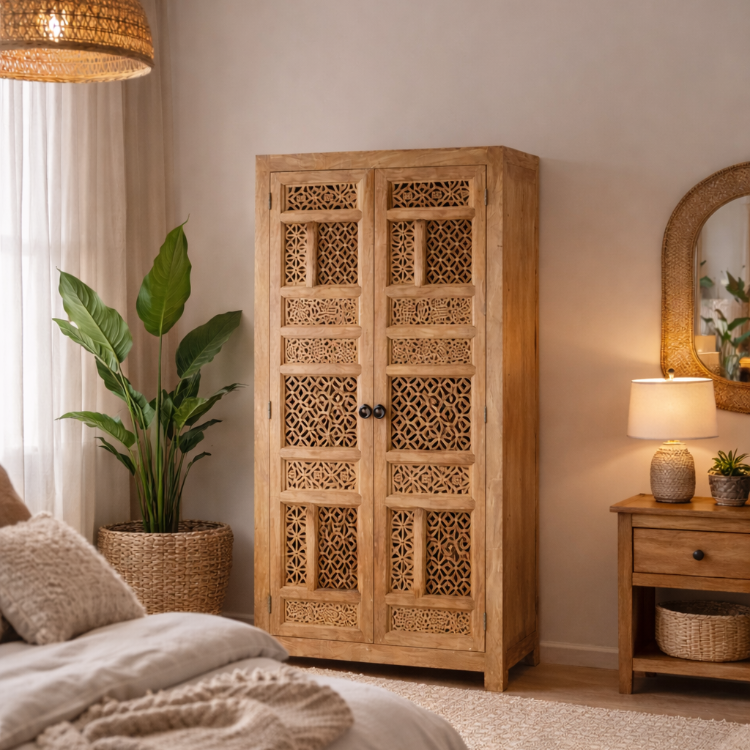 Armario de madera maciza de mango tallado Aruna en dormitorio estilo natural