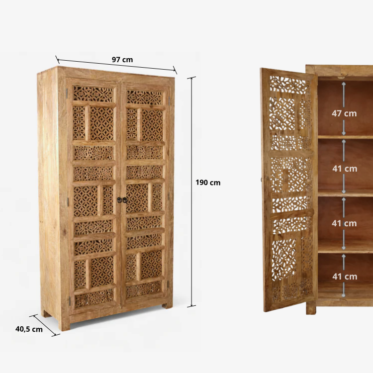 Medidas del armario de madera maciza de mango tallado Aruna 190x94x44,5 cm