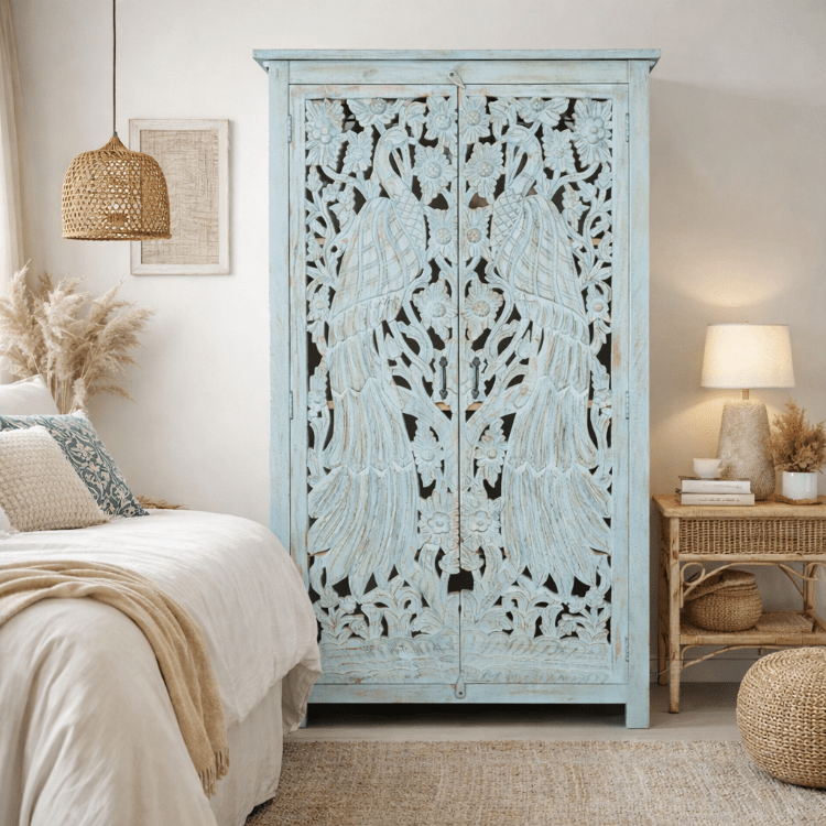 Armario tallado madera mango patina azul Karol - Vintahome