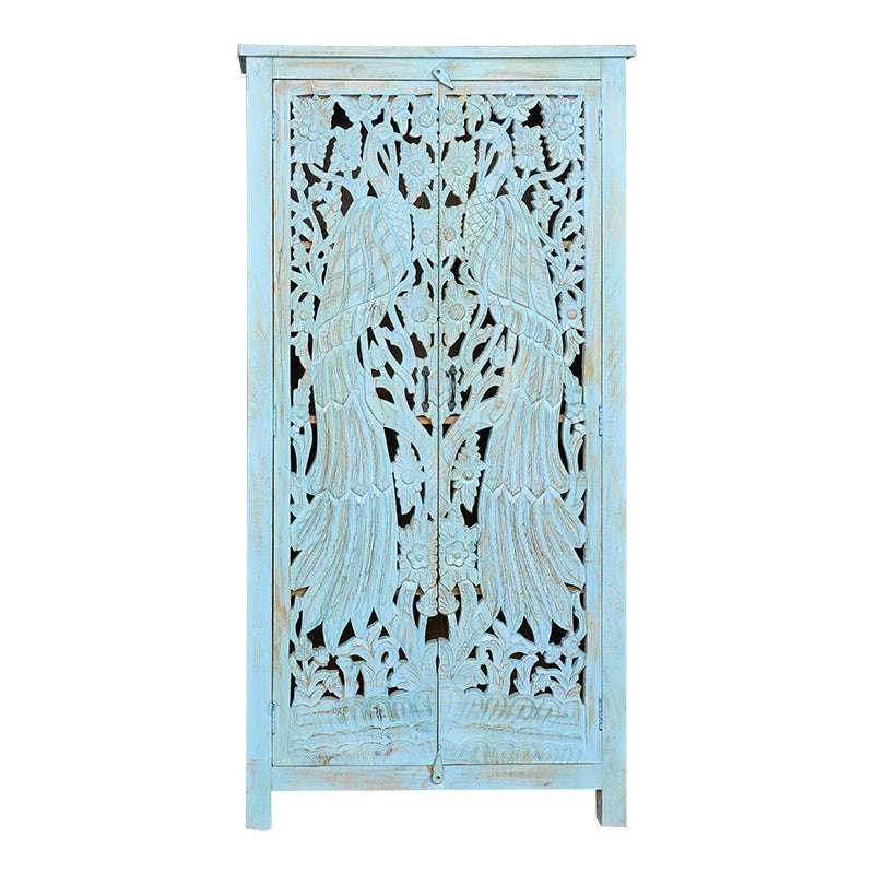 Karol blauw gepatineerde mangohout gesneden kledingkast