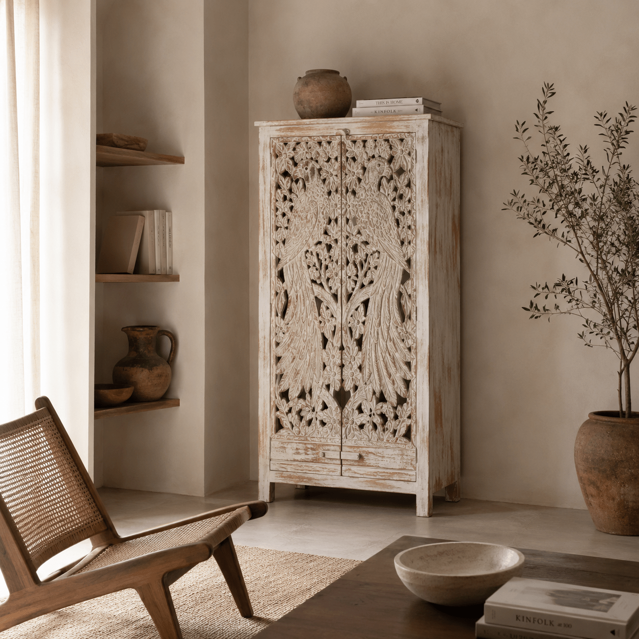 Armario tallado madera mango patina blanco Karol - Vintahome