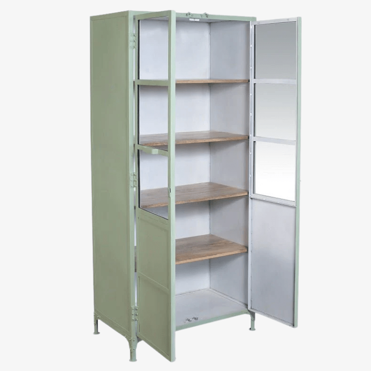 Armario vitrina industrial acero y madera Lenny verde - Vintahome