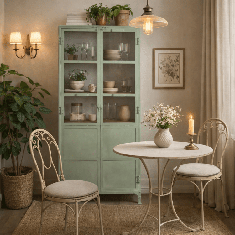 Industrielle Vitrine „Lenny“ aus grünem Stahl und Holz – Vintahome