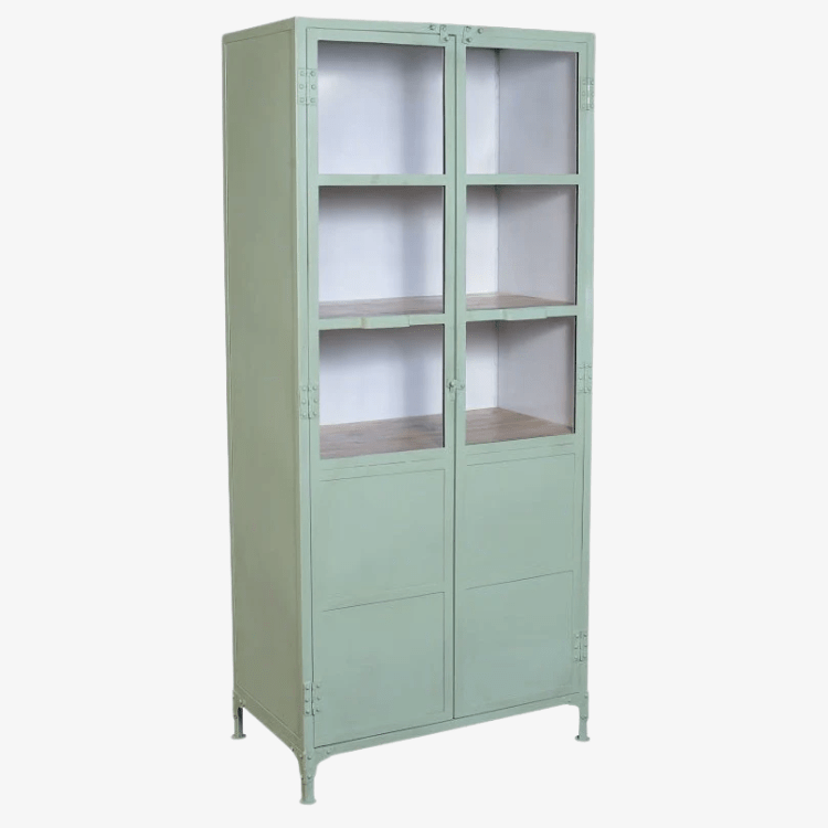 Industrielle Vitrine „Lenny“ aus grünem Stahl und Holz – Vintahome