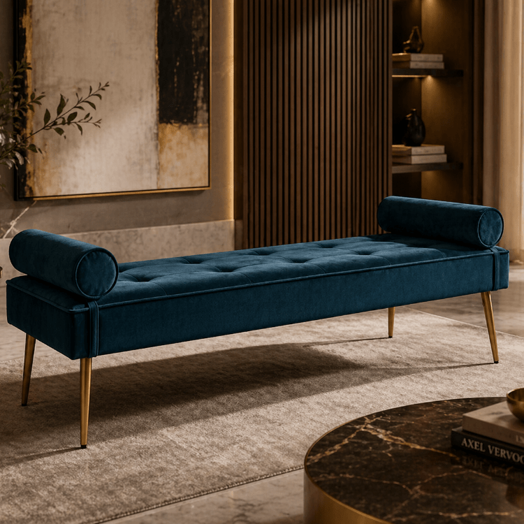 Banquette en velours bleu pieds dorés 185 Bisseu - Vintahome