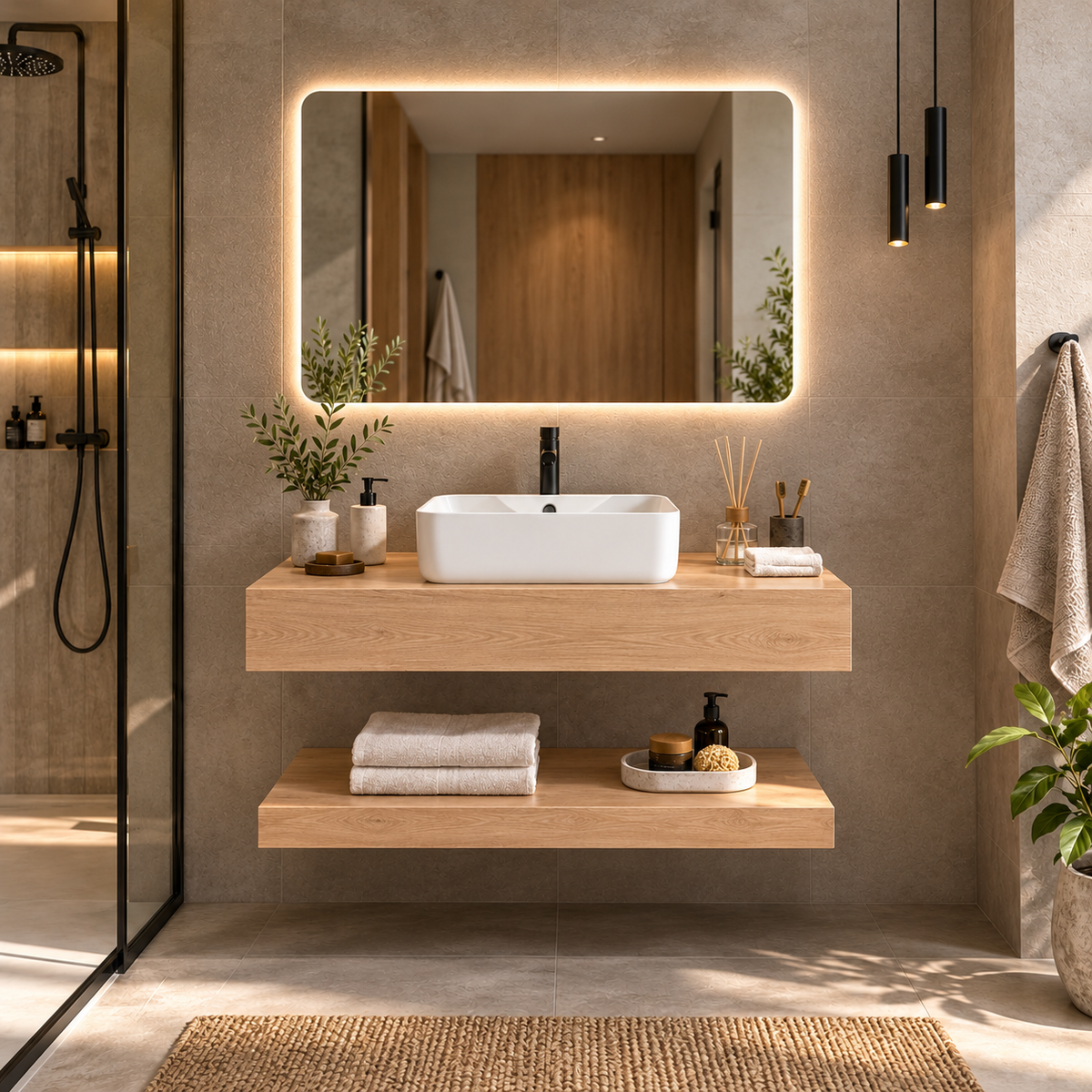 Mueble de Baño Encimera 1 Lavabo y Espejo LED KAEL Natural – 100/120 cm