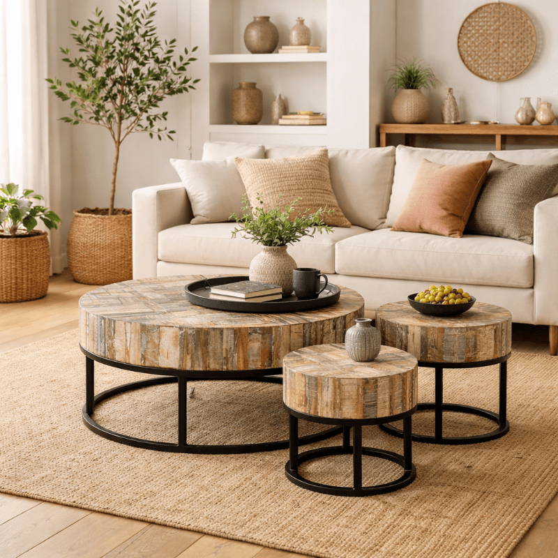 Set mit 3 Tukan-Couchtischen aus Holz und Stahl – Vintahome