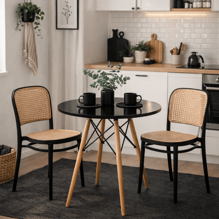 Conjunto de mesa redonda branca com 2 cadeiras de vime Domus - Vintahome