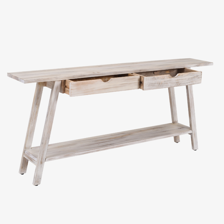 Vista lateral de la Mesa Consola Aina fabricada artesanalmente en madera maciza de mango con estante inferior.