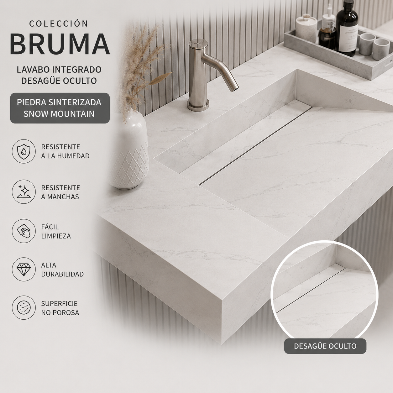 Detalle del desagüe oculto del lavabo BRUMA en piedra sinterizada Snow Mountain