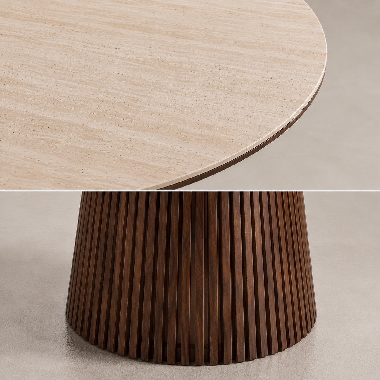 Detalle del tablero efecto travertino y base acanalada de la mesa de comedor Elara