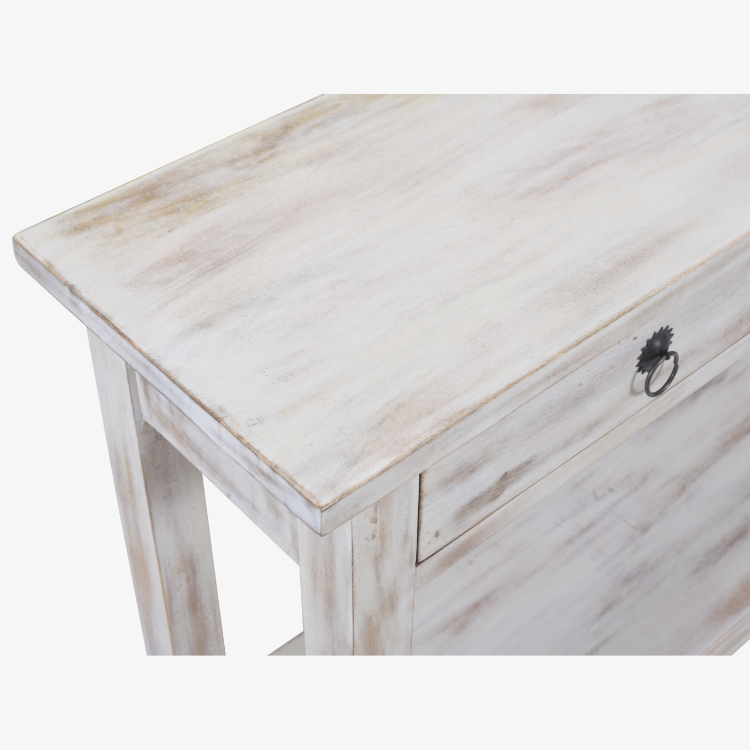 Detalle del tablero de la Mesa Consola Elma fabricada en madera maciza de mango con acabado natural envejecido