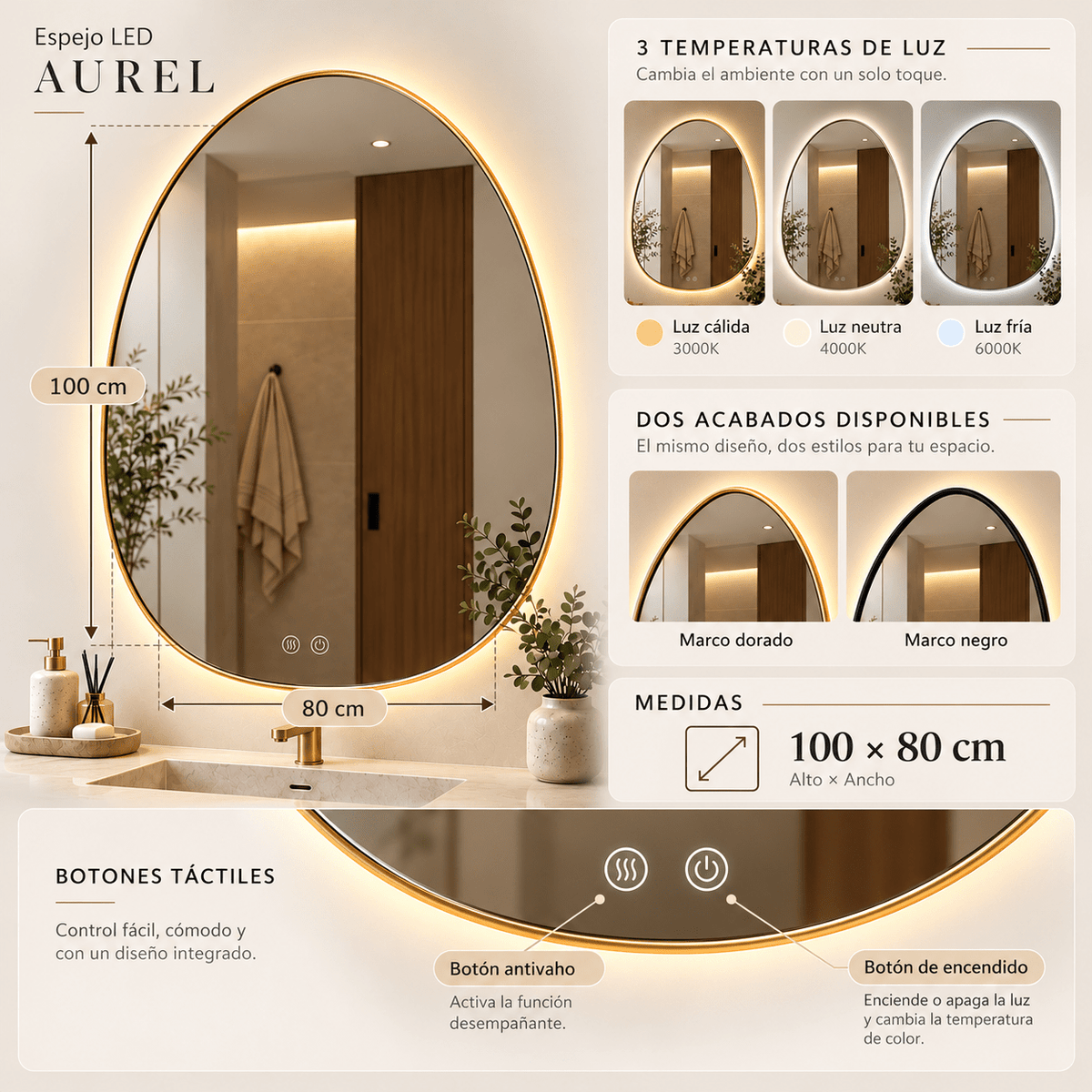 Espejo de baño Led Aurel orgánico Irregular 100 × 80 cm con antivaho - Vintahome