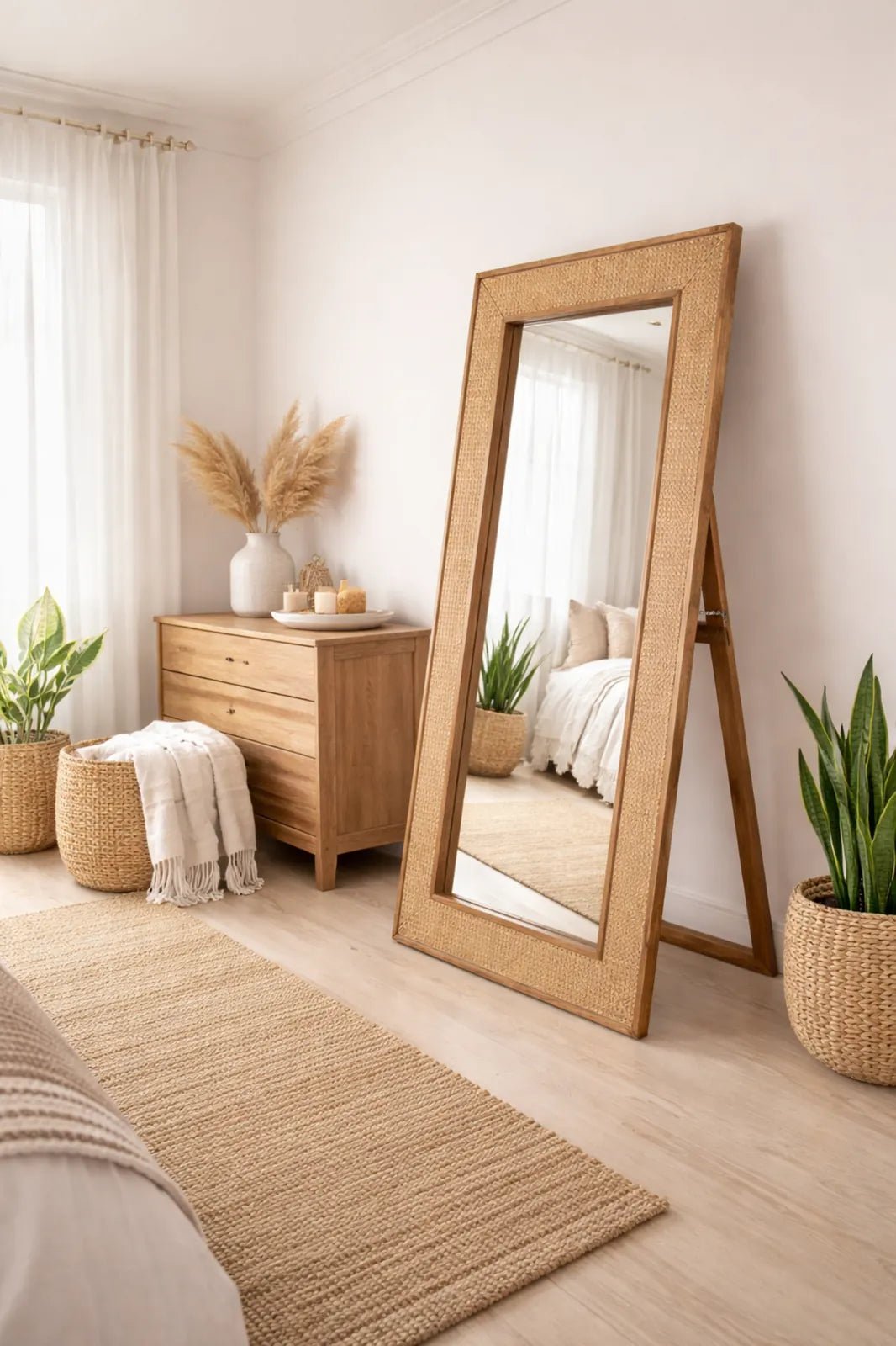 Espejo de pie de madera de mango y ratán natural 182×90 cm - Vintahome