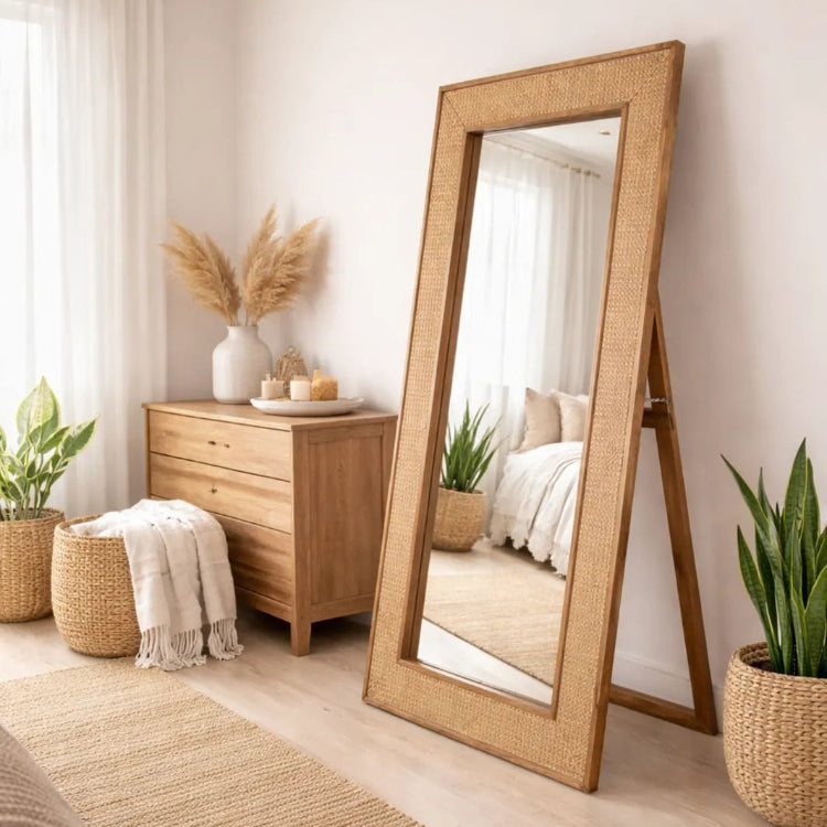 Standspiegel aus Mangoholz und natürlichem Rattan, 182×90 cm