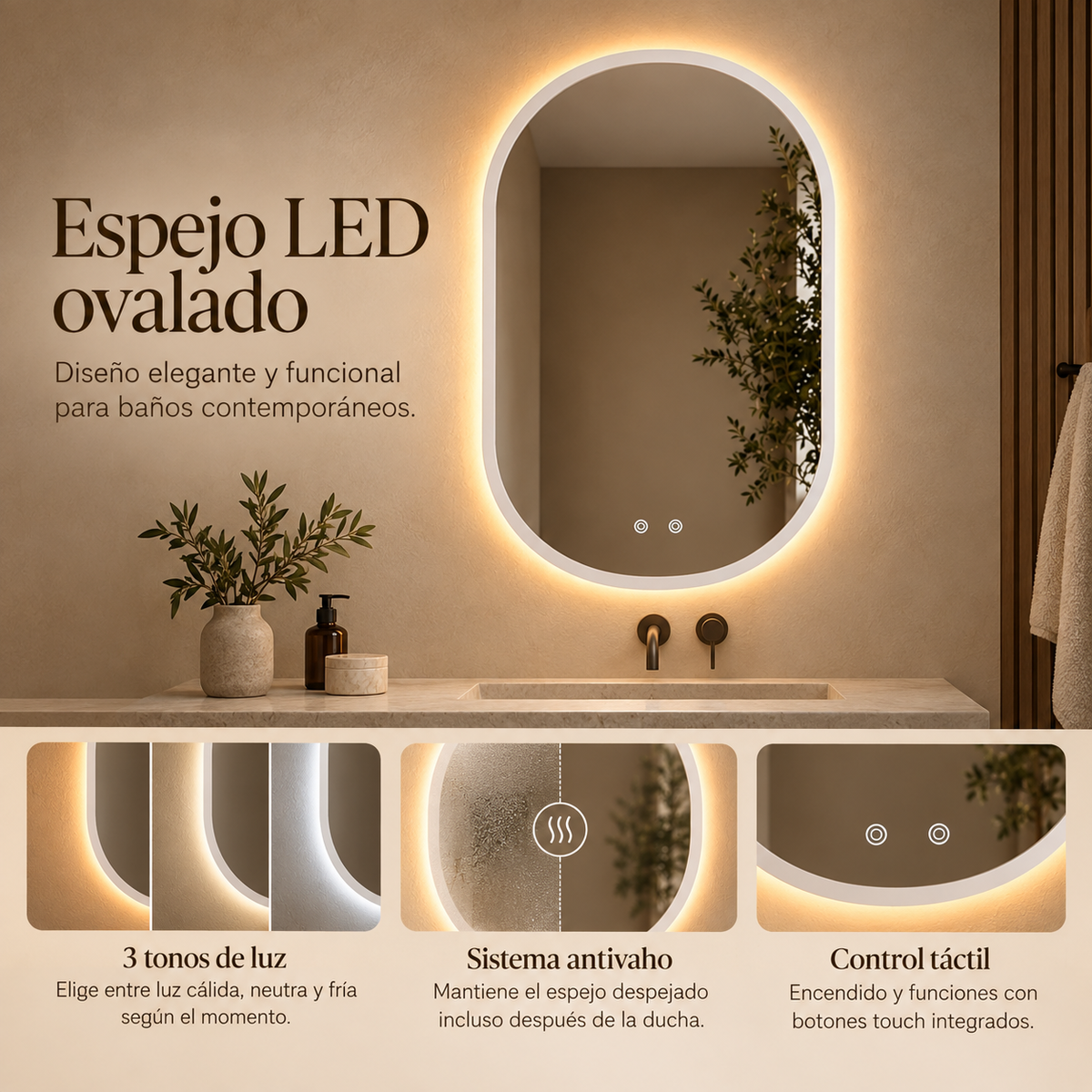 Espejo LED ovalado KENAI de 80 x 60 cm con sistema antivaho y tres tonos de luz