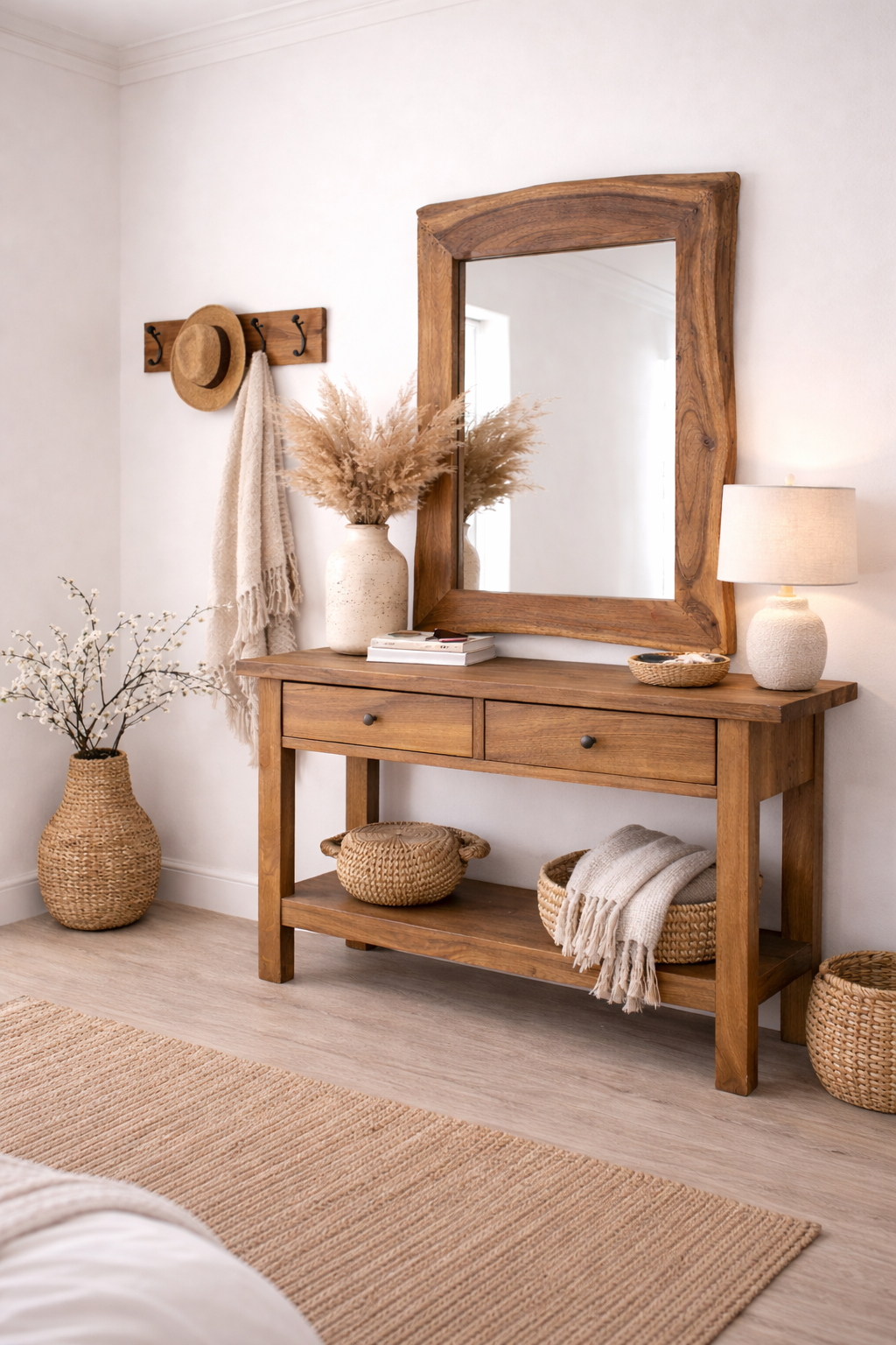 Espejo Rasi de madera de mango natural en recibidor con estilo nórdico