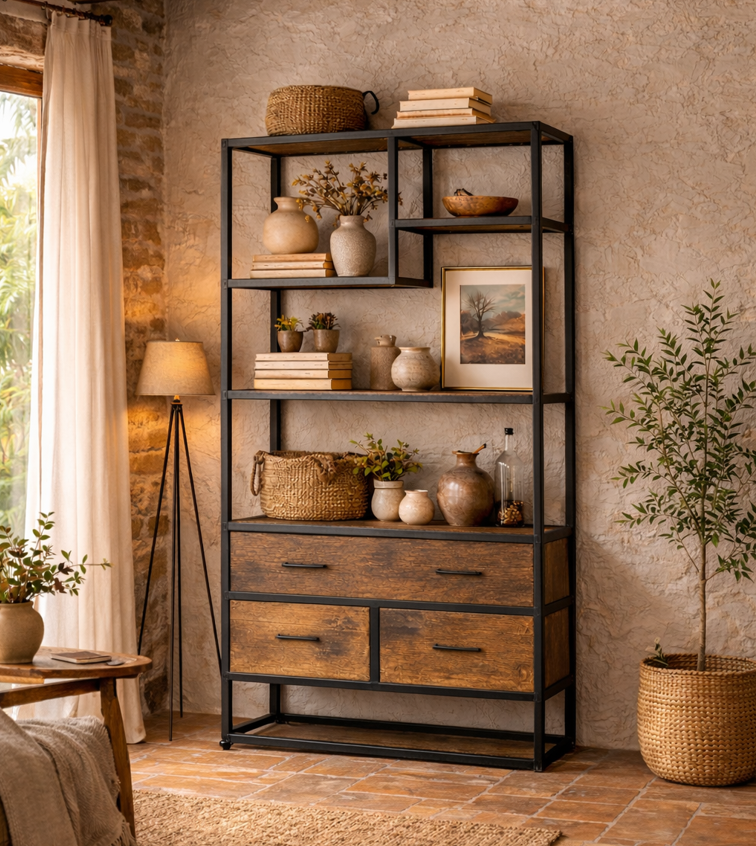 Étagère vintage en bois et acier Cortes