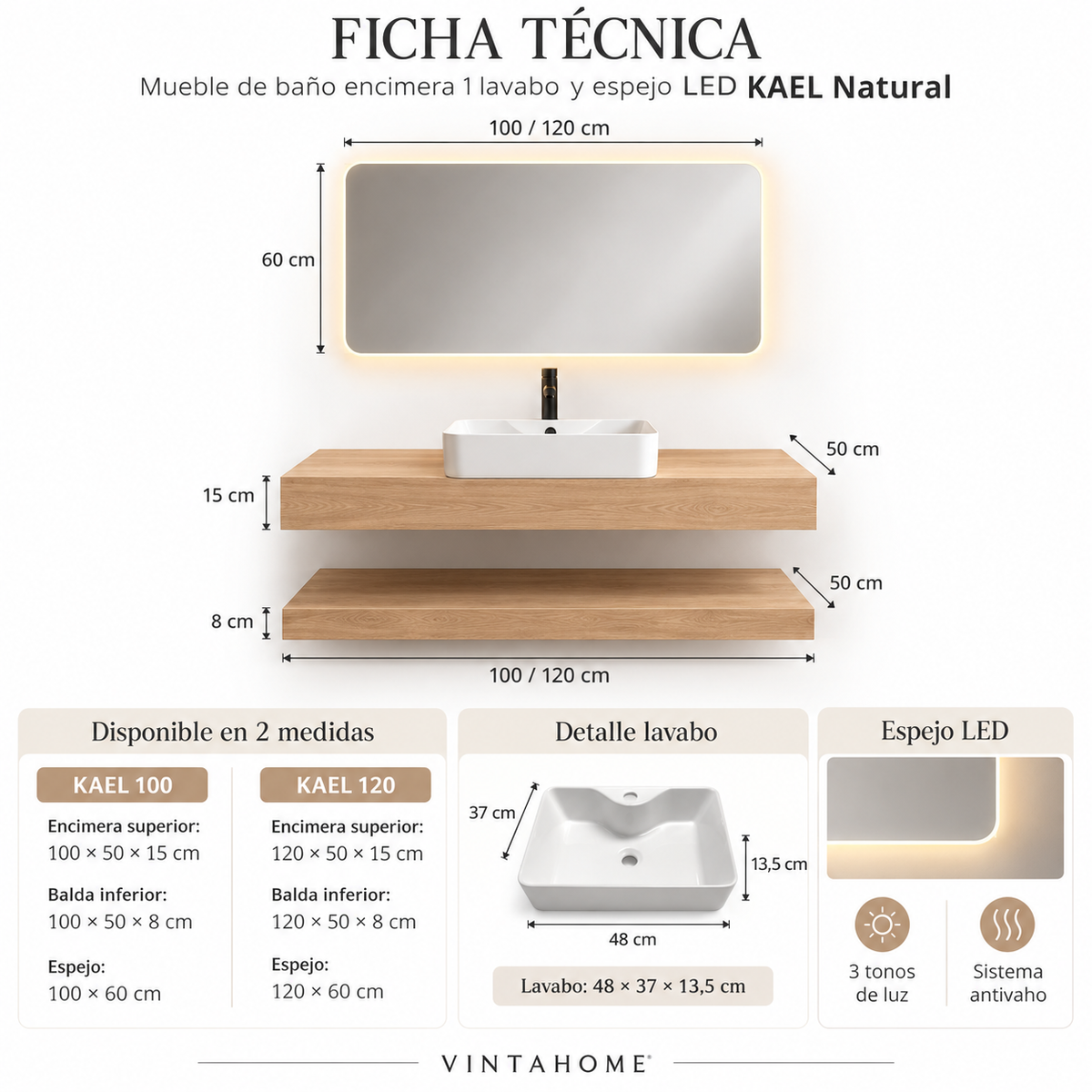 Mueble de Baño Encimera 1 Lavabo y Espejo LED KAEL Natural – 100/120 cm