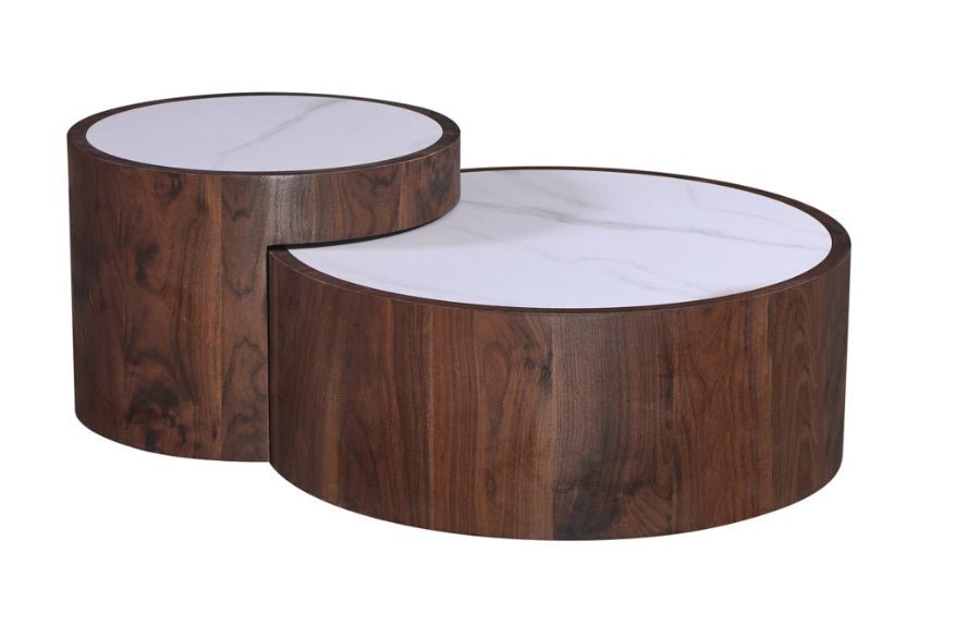 Juego de 2 mesas de centro redondas nogal y piedra sinterizada Sefora - Vintahome