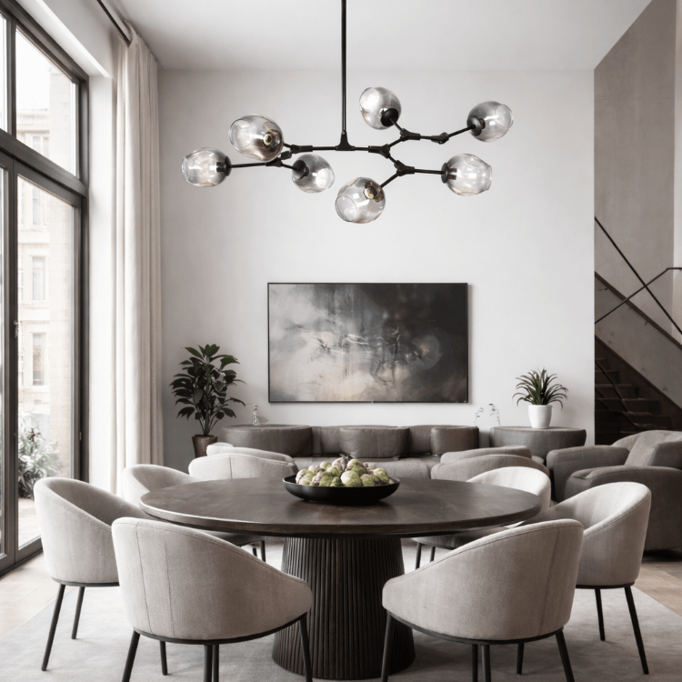 Lámpara de techo 7 brazos acero negro y cristal gris Chandelier - Vintahome