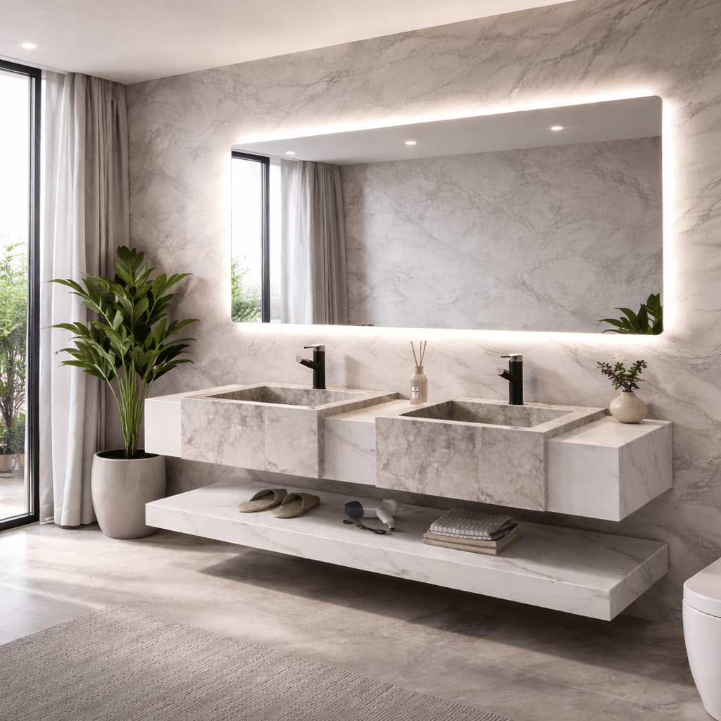 Lavabo Atlas piedra sinterizada con espejo LED · Conjunto suspendido de baño - Vintahome