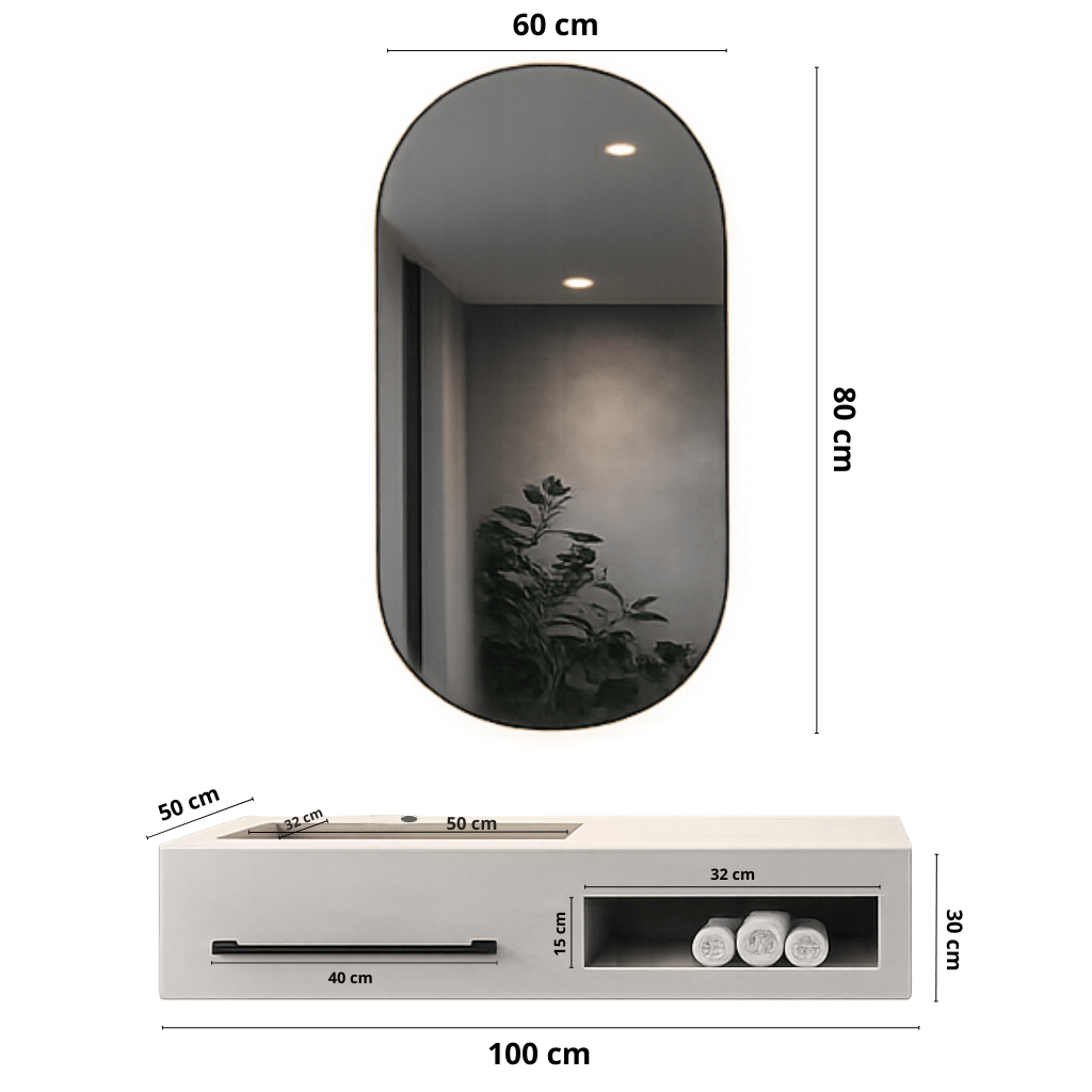 AURA Waschbecken aus gesintertem Stein mit LED-Spiegel Hängendes Badezimmerset - Vintahome