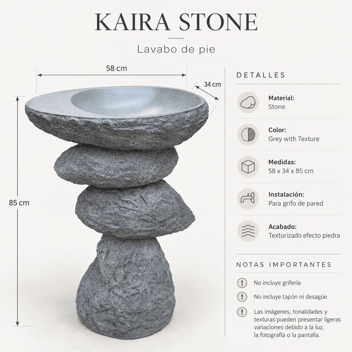 Lavabo de Pie KAIRA STONE de Piedra Natural Gris con Diseño Escultórico - Vintahome