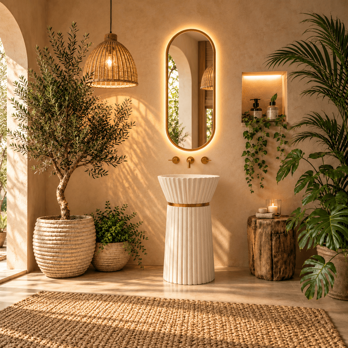 Lavabo de Pie Nela Stone Blanco con Aro Dorado - Vintahome