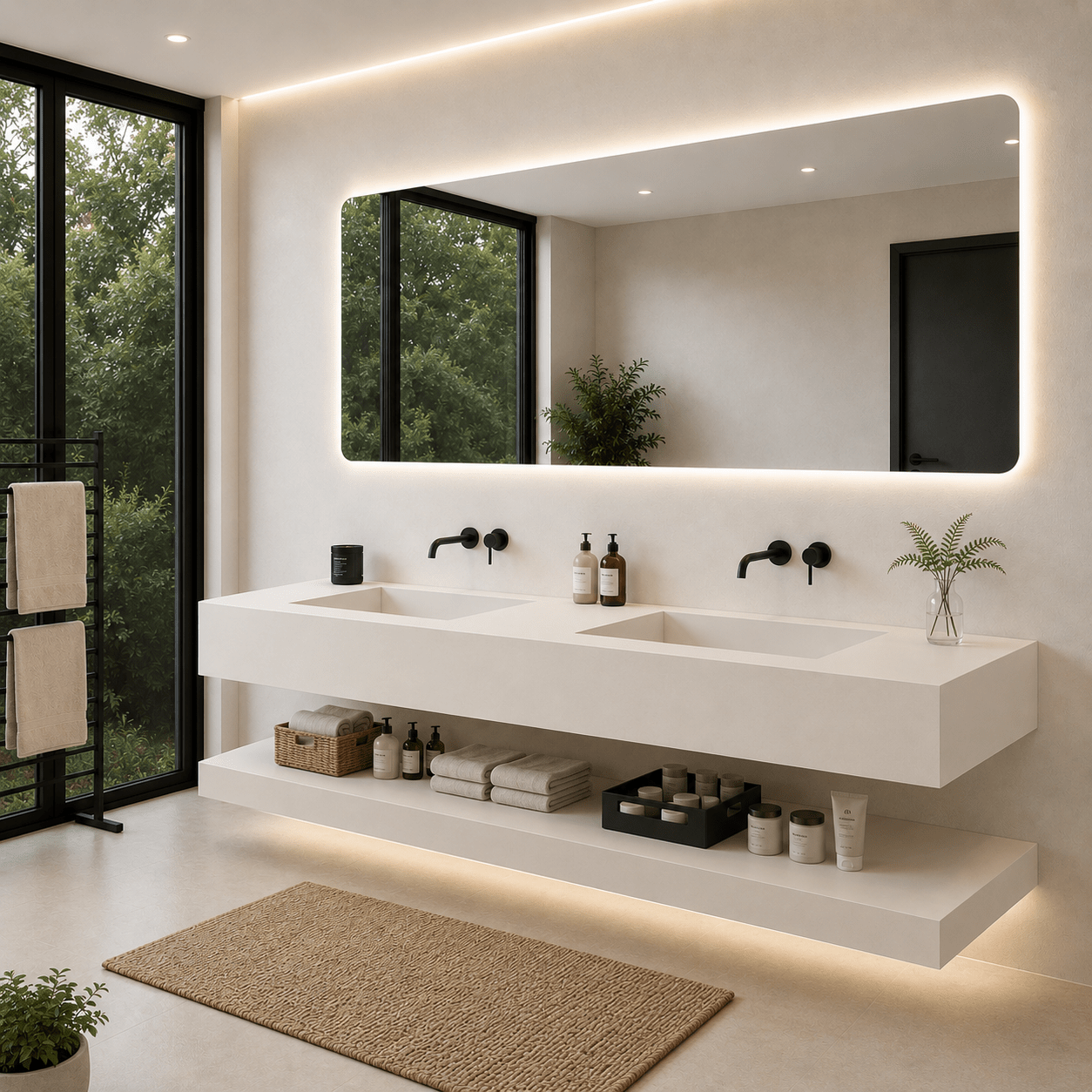 Lavabo Essenza de piedra sinterizada con espejo LED 140 – Conjunto suspendido de baño - Vintahome