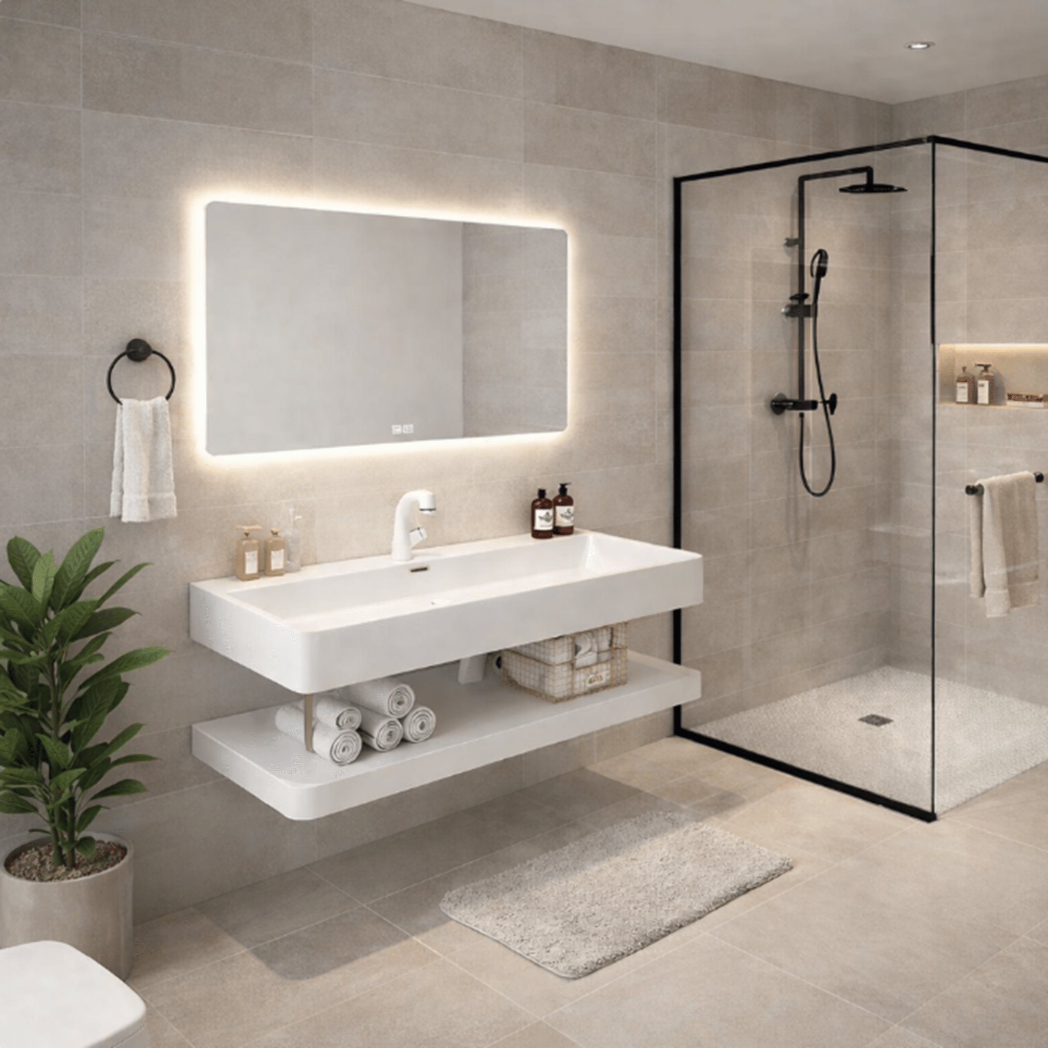 Lavabo Nara Stone con espejo LED · Conjunto suspendido de baño - Vintahome