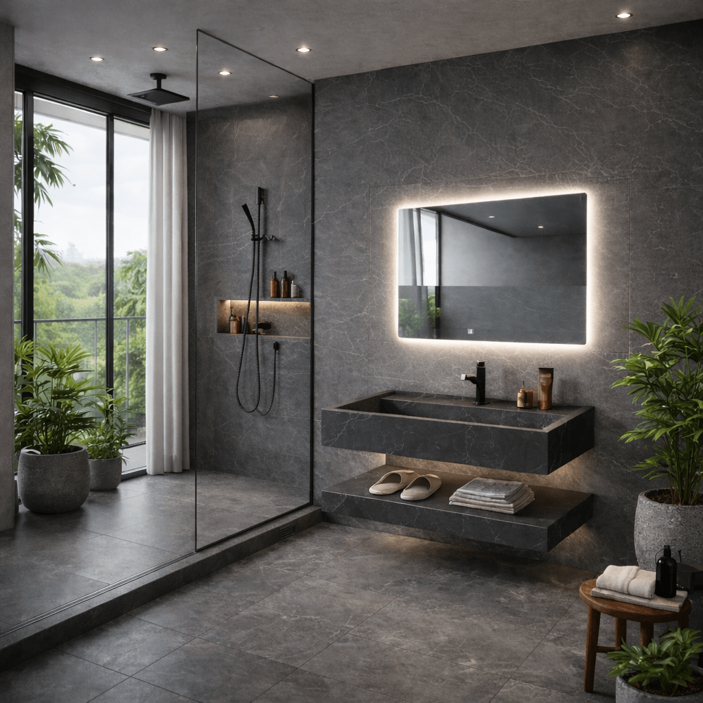 Lavabo Nero de piedra sinterizada negra con espejo LED – Conjunto suspendido de baño 100 y 120 - Vintahome