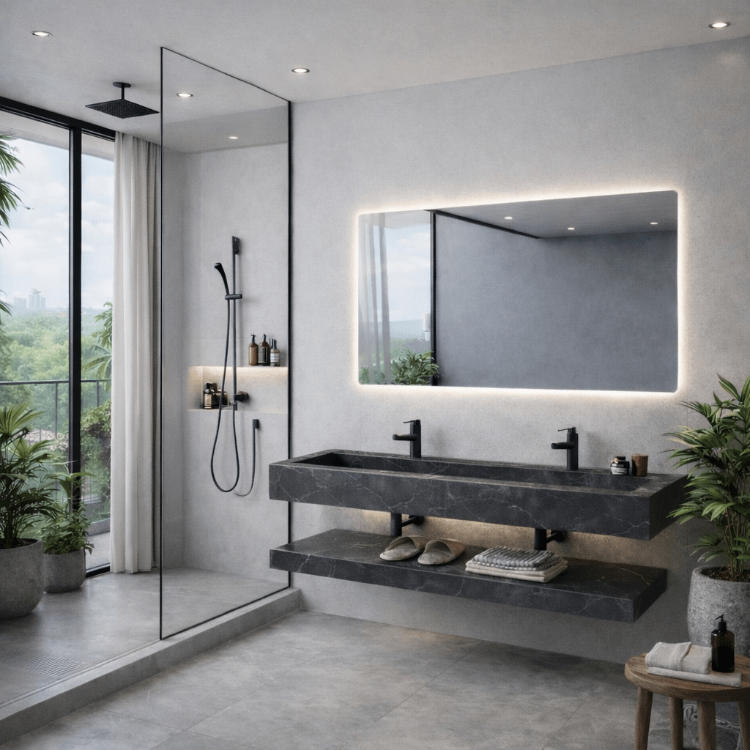 Nero-Waschbecken aus schwarzem Sinterstein mit LED-Spiegel – Hängendes Badezimmerset 100 und 120 – Vintahome