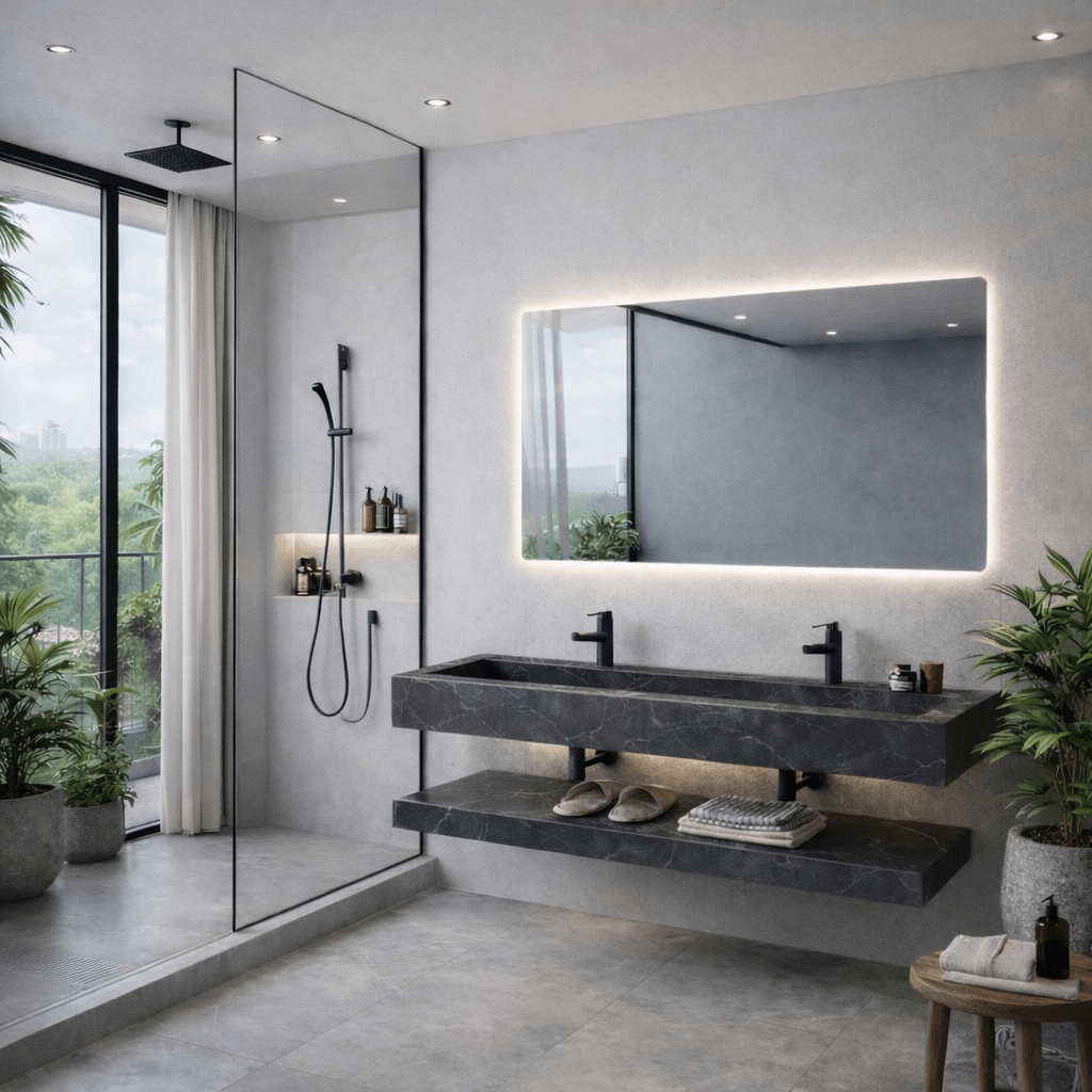 Lavabo Nero de piedra sinterizada negra con espejo LED – Conjunto suspendido de baño 100 y 120 - Vintahome