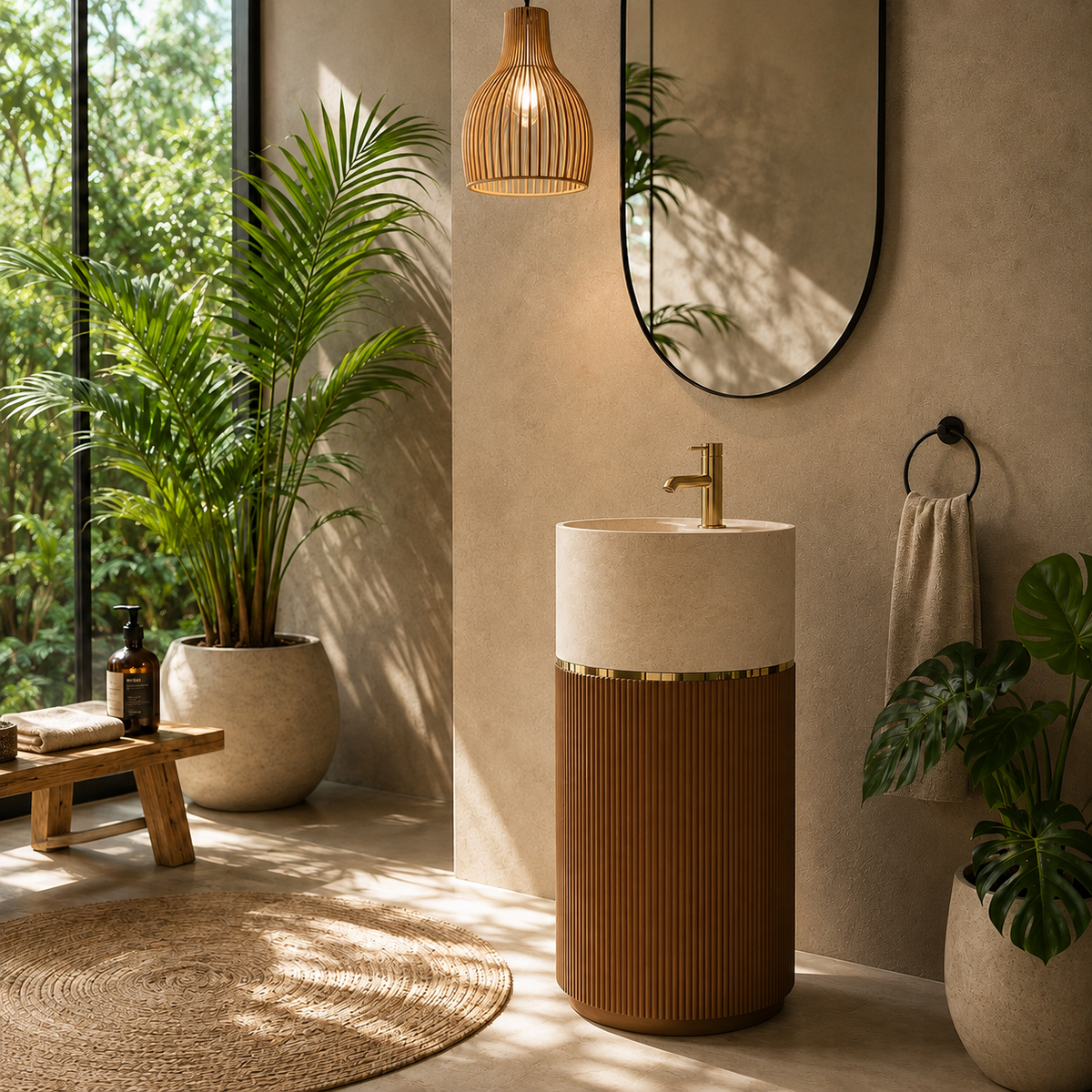 Lavabo de pie ARVEN en Stone beige y efecto madera nogal acanalada, con detalle dorado, instalado en un baño moderno de estilo natural.