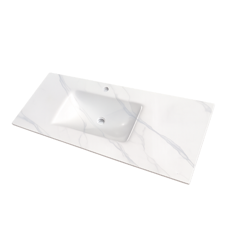 lavabo integrado en piedra sinterizada blanco calacatta con diseño moderno y desague centrado