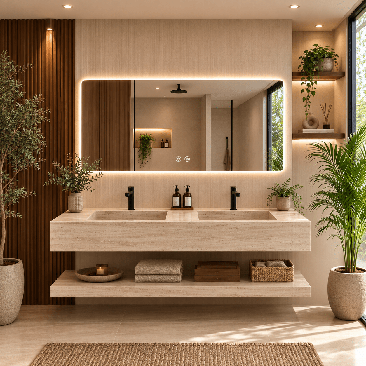 Lavabo Sena Travertino 140 con balda y espejo LED - Vintahome