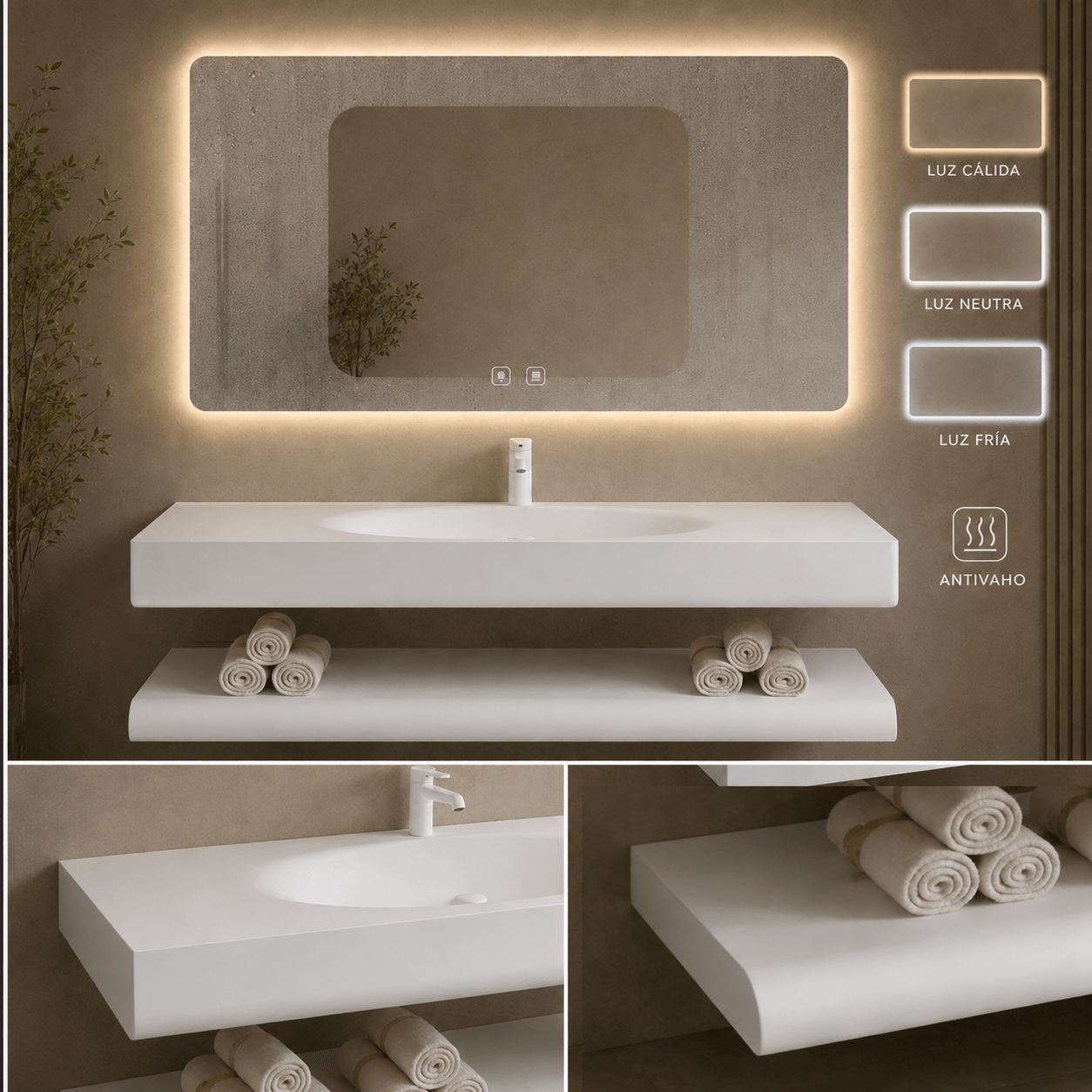 Lavabo Siena Stone 120 cm con espejo LED · Conjunto suspendido - Vintahome